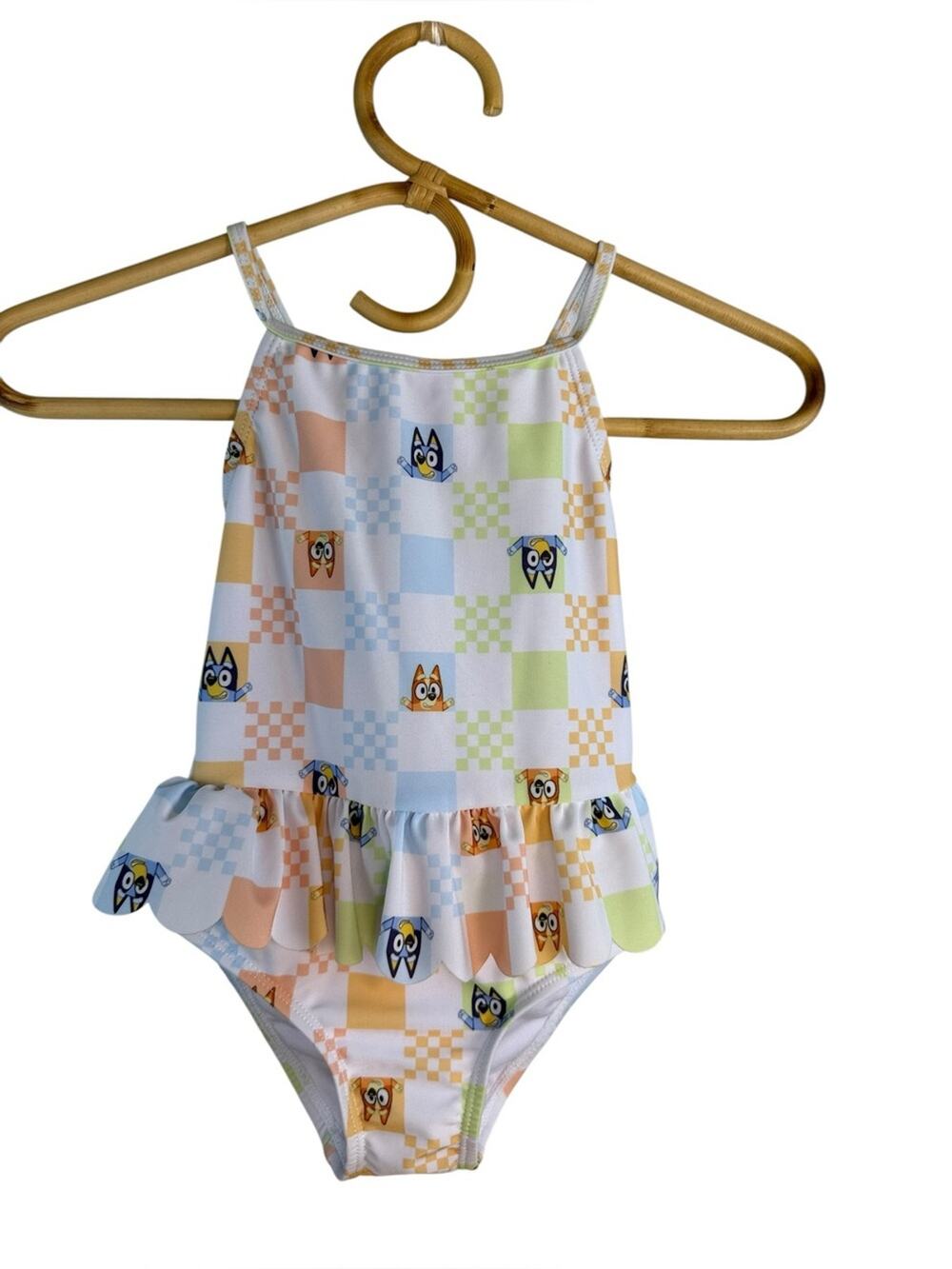 Bluey Toddler Girls' Peplum Checkered Ruffle One-Piece Swimsuit size 4T